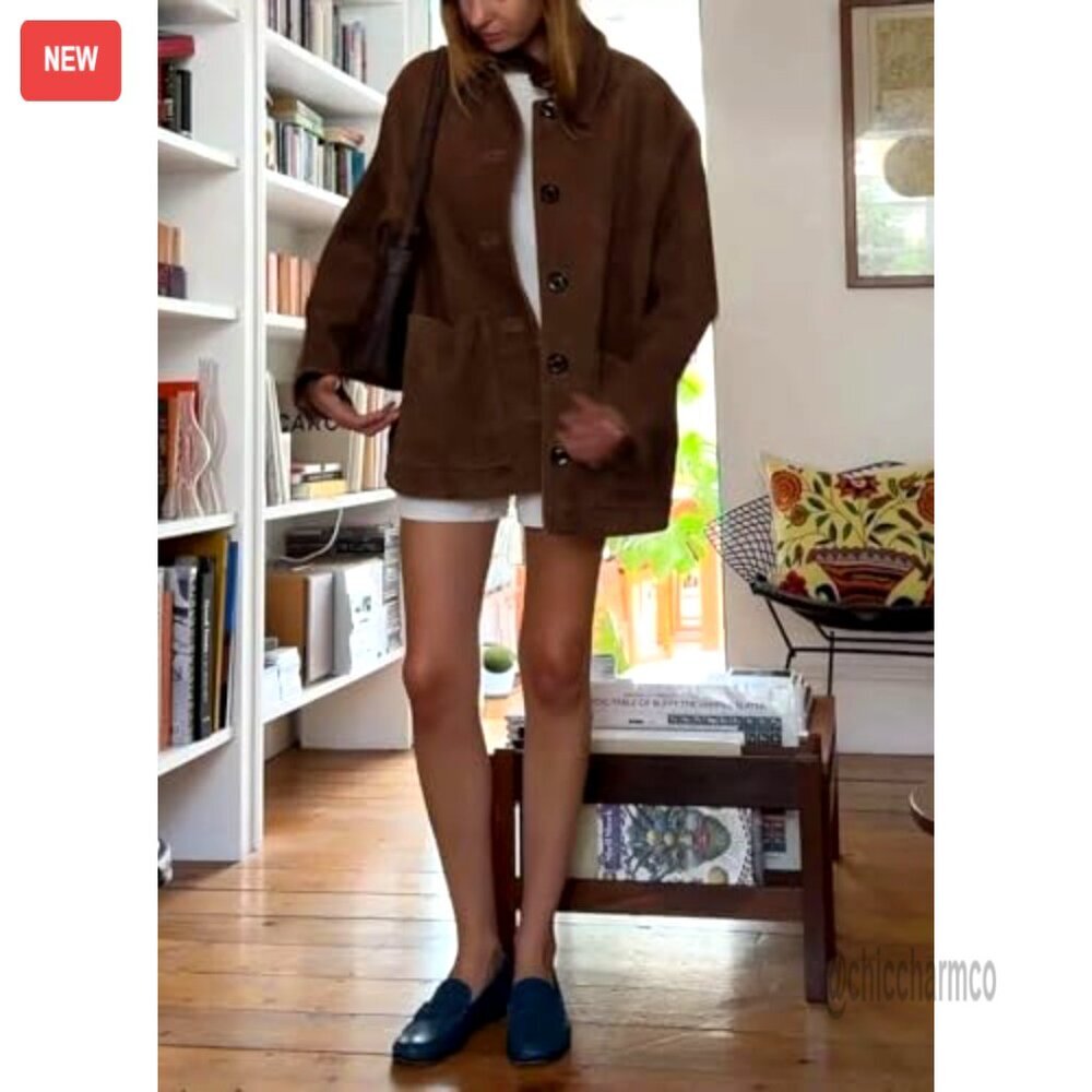 Faux Suede Leather Shacket Midi Long Button Down Casual Boyfriend Fit Jacket - Picture 4 of 5